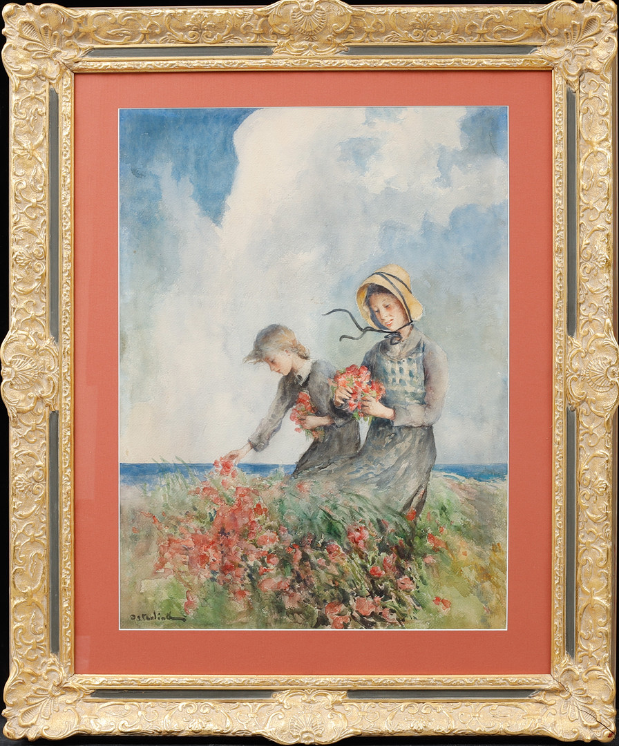 Två flickor på blomsteräng. Akvarell, signerad.