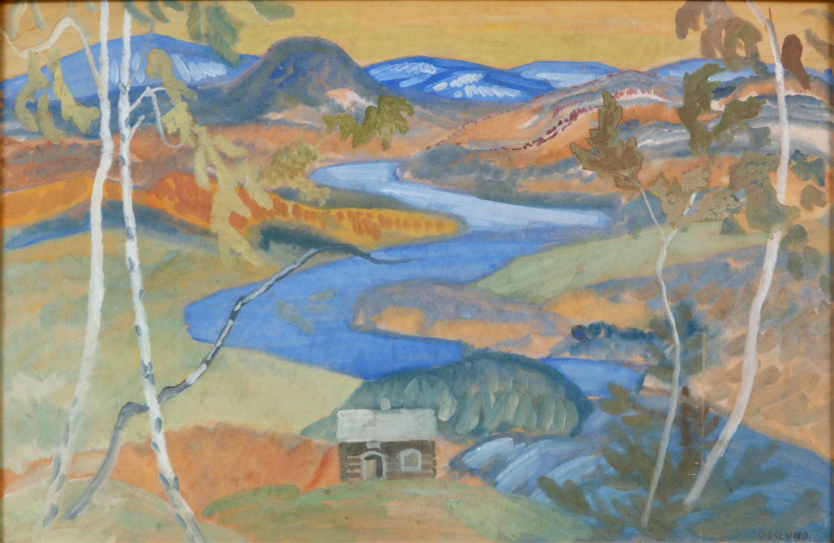 Stuga i fjällandskap, gouache.