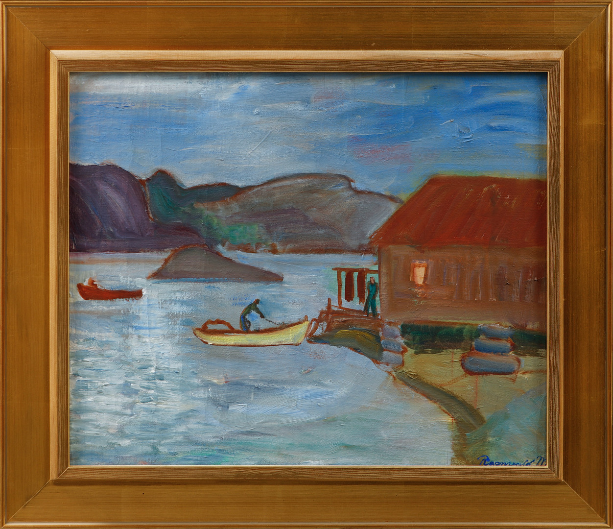 Kustmotiv med fiskare i förgrunden, olja på duk, signerad.
