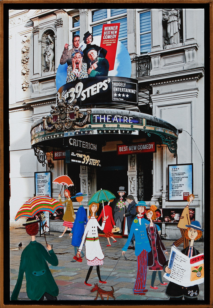 "Criterion Theatre", blandteknik på duk, signerad.
