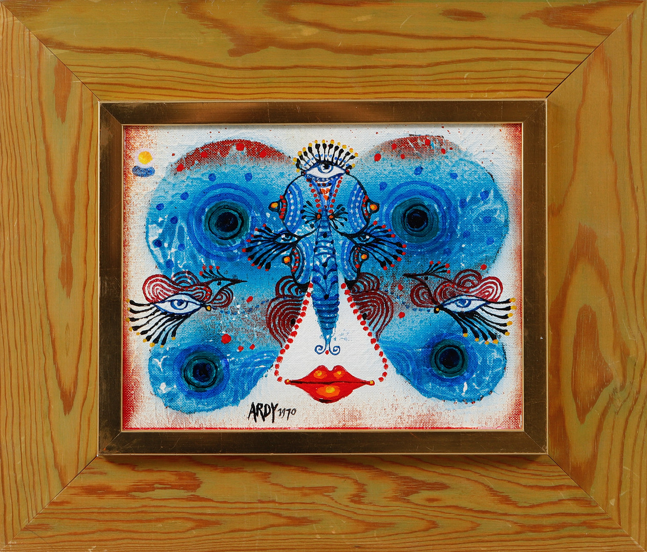 "Butterfly face", blandteknik på duk, signerad och daterad 1970.