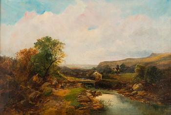 Shepherd and sheep in a landscape.