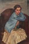 Robert Van Cauwenberghe, Huile sur toile (montée sur panneau), "Portrait d'une jeune femme mélancolique" (probablement 1931), signé en haut à gauche "Rob. van Cauwenberghe" et daté vaguement, env. 128,5x86cm, non encadré, ver