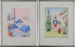 2 dessins à la gouache, "Enfant dormant dans une chambre d'enfant" et "Jeune fille dans le jardin", tous deux signés "Trier", chacun environ 17x13,5cm, encadré (26,5x22,5cm), tous deux très tachés
