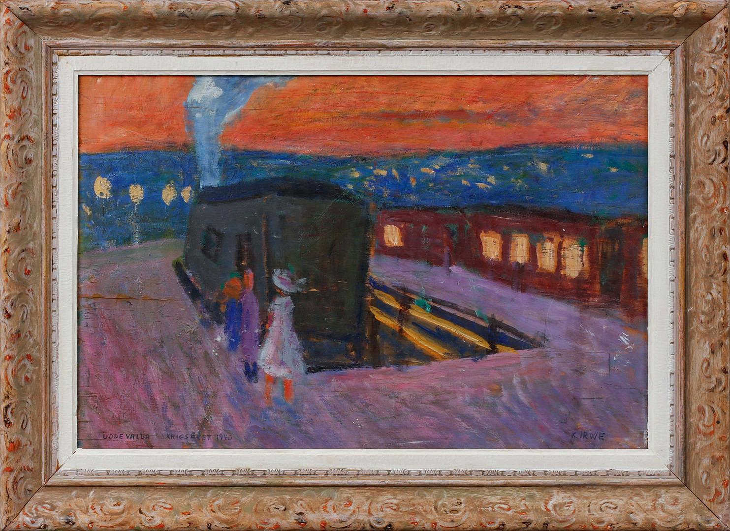 Järnvägsstation Uddevalla krigsåret 1940, olja på pannå, signerad.