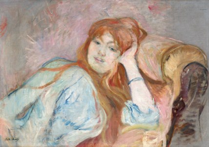 Jeune fille accoudée avec le cachet de l'atelier 'Berthe Morisot' (en bas à gauche; Lugt 1826) huile sur toile 45.6 x 65 cm. Peint à Paris en 1887