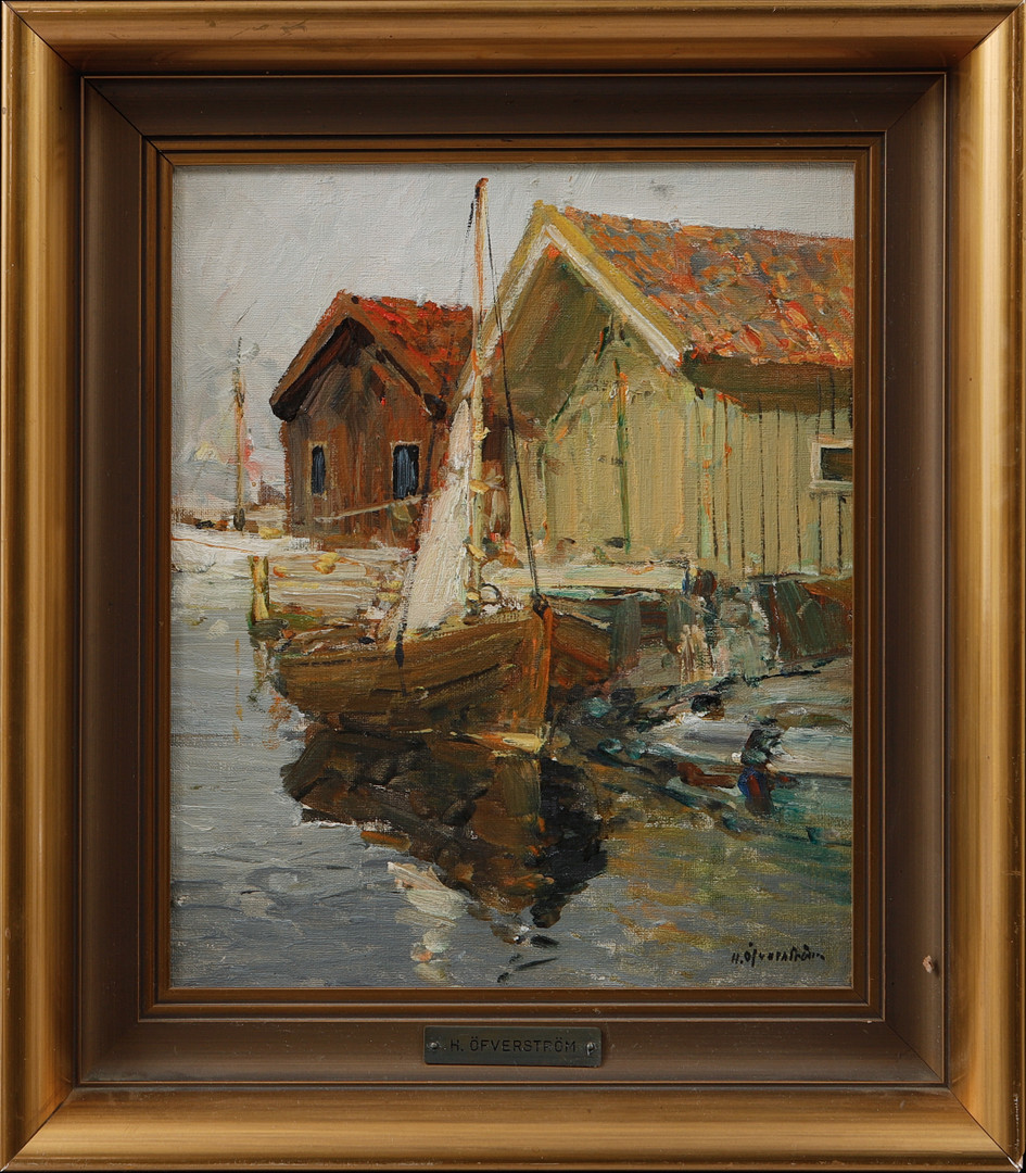 Sjöbodar och segelbåt, olja på duk, signerad.