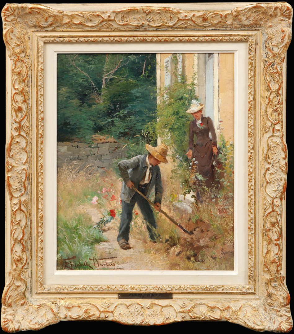 Figurscen i trädgården, olja på duk, signerad.