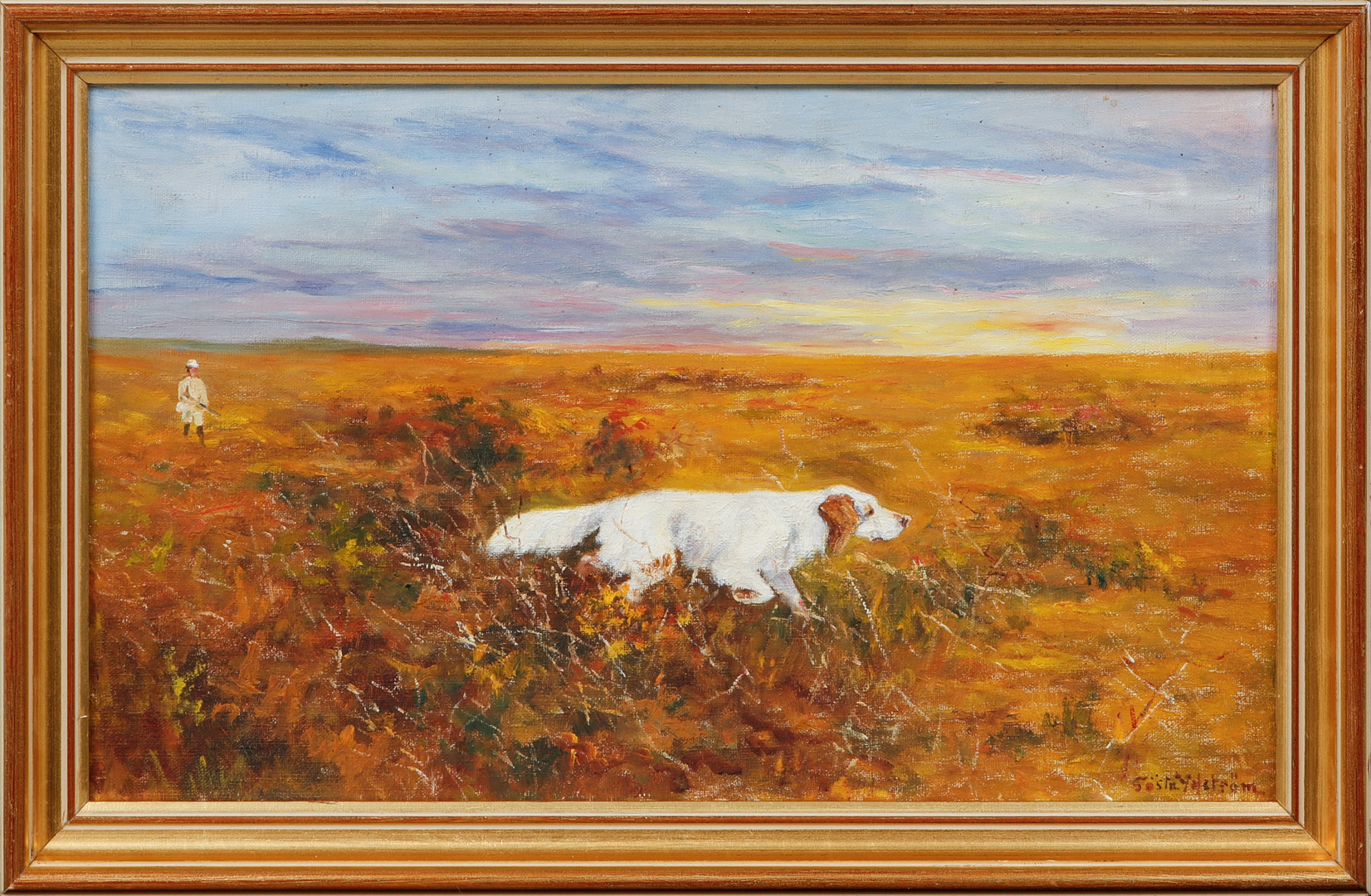 Jakthund och jägare, olja på pannå, signerad.