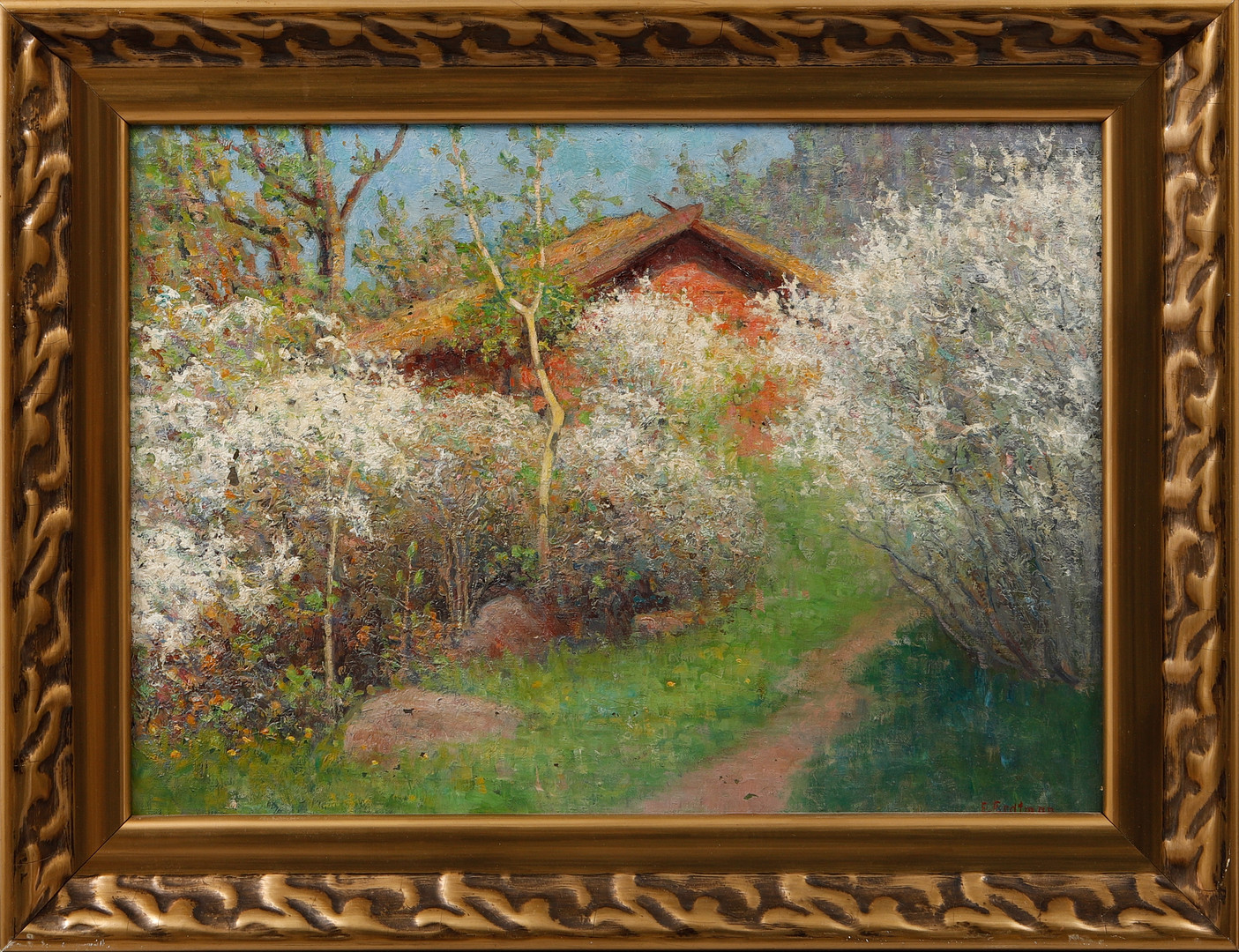 Blommande träd och rött hus, olja på duk, signerad.