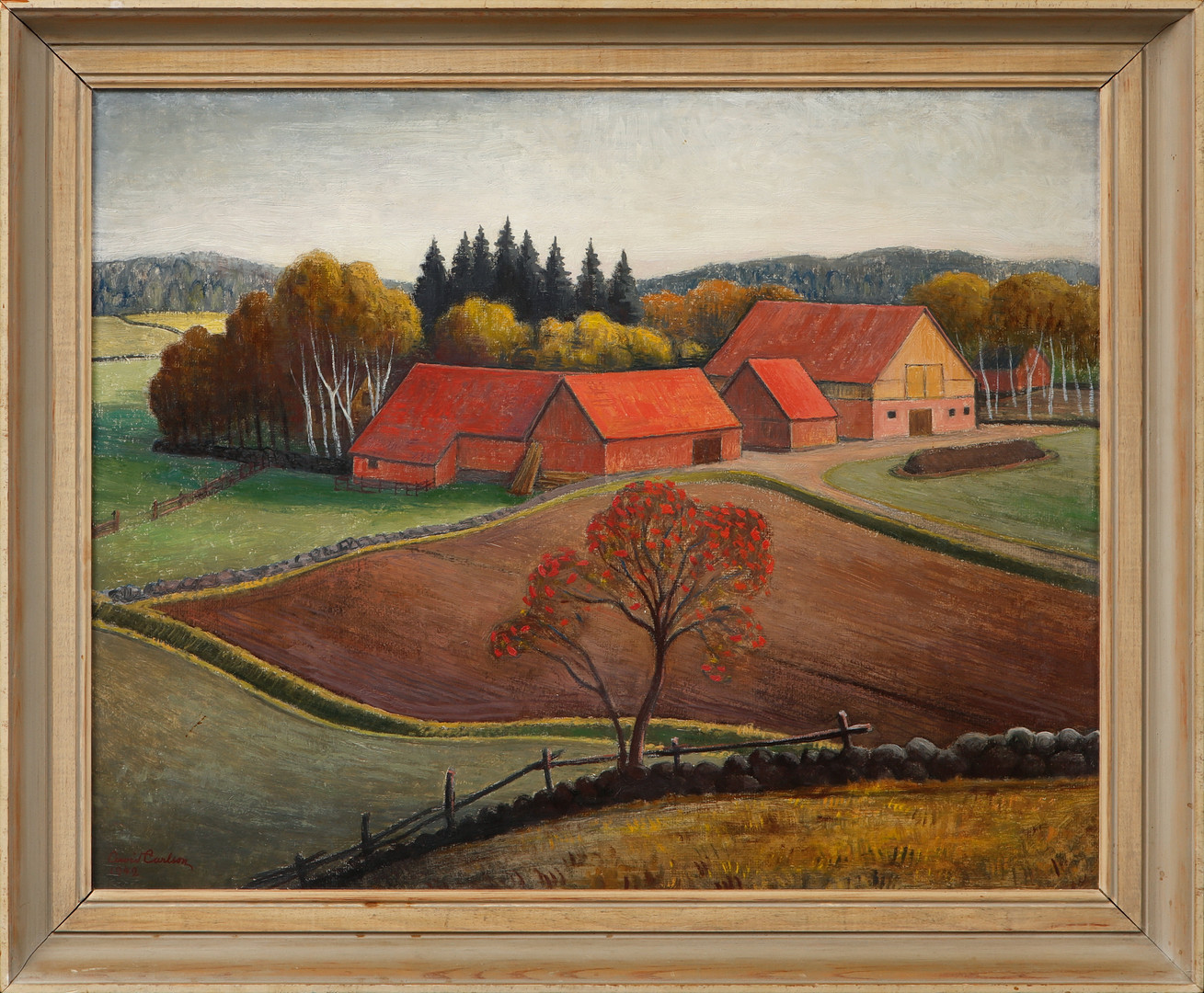 "Höstlandskap", olja på pannå, signerad och daterad 1942.