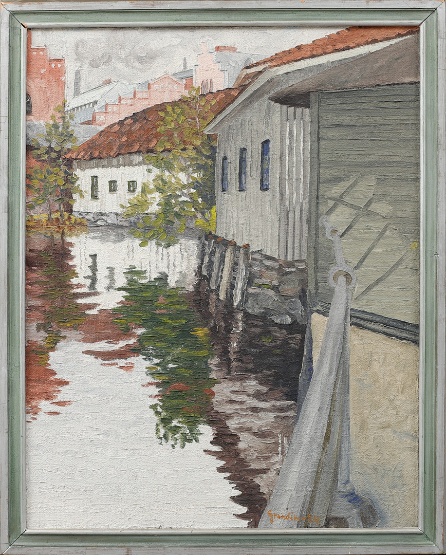 "Kåkar vid Viskan", olja på duk, signerad och daterad -34.