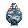 Qing Dynasty Famille-Rose Moon Flask with Landscape and Figural Decoration and Twin Chi-Dragon Handles