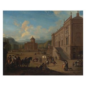 Jan van Huchtenburg (Haarlem 1647-1733 Amsterdam) Elegant figures in an Italianate palace exterior