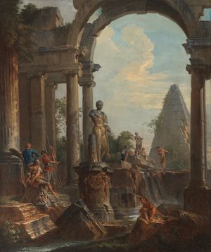 Giovanni Paolo Panini (Piacenza 1690-1765 Rome) An architectural capriccio with figures amongst ruins, a statue of Meleager at the centre and the Pyramid of Caius Cestius beyond