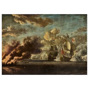 Jacobus Storck (Amsterdam 1641-1687) The Dutch destroying the British fleet during the Raid on the Medway unframed