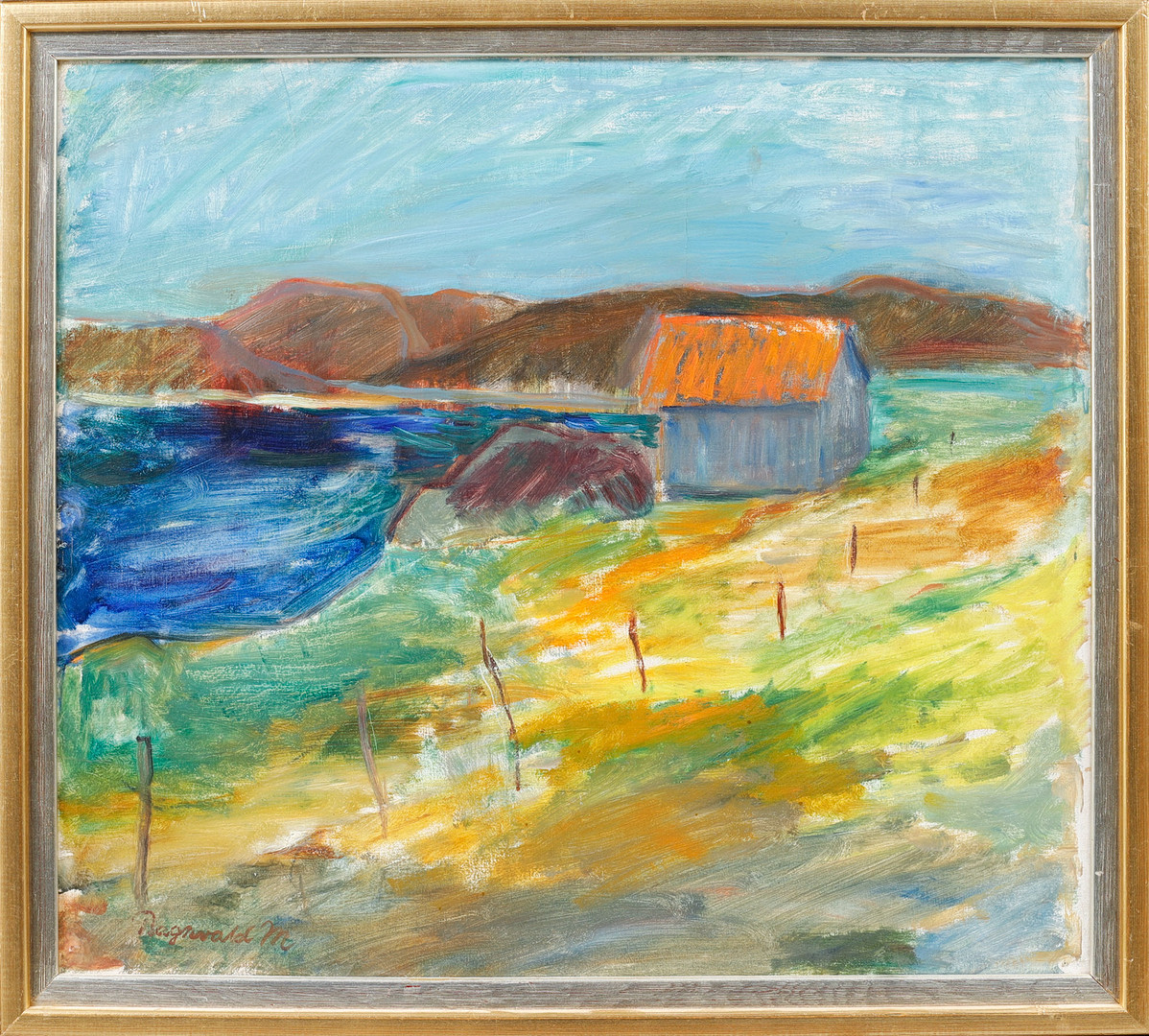 Ragnvald Magnusson, Hus vid kust, olja på duk, signerad.
