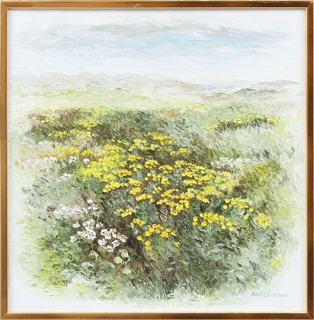 Anita Erséus, Blommande kustlandskap. Olja på duk, signerad.
