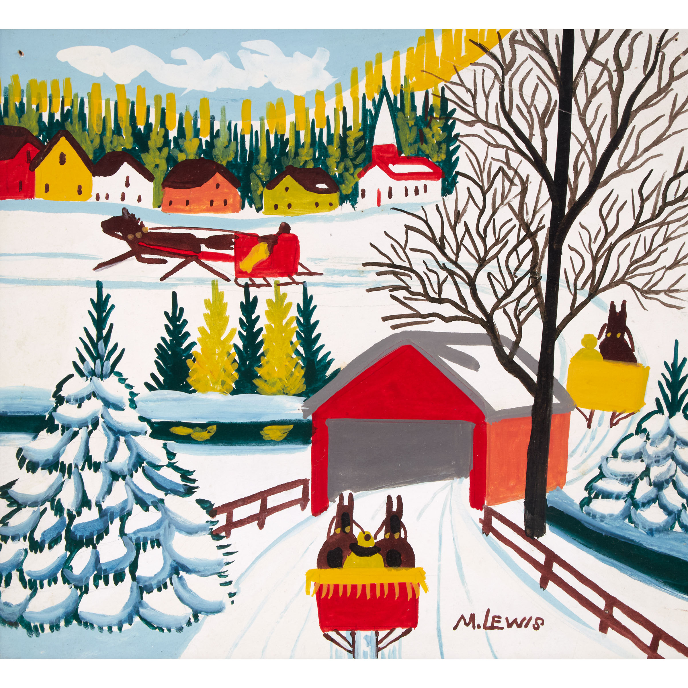 Sleighs and Covered Bridge, Winter, Ca. 1960