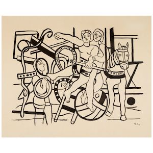 FERNAND LÉGER (1881-1955) Le jongleur et les trapézistes 17 5/8 x 21 7/8 in (44.9 x 55.6 cm) (Executed in 1954)