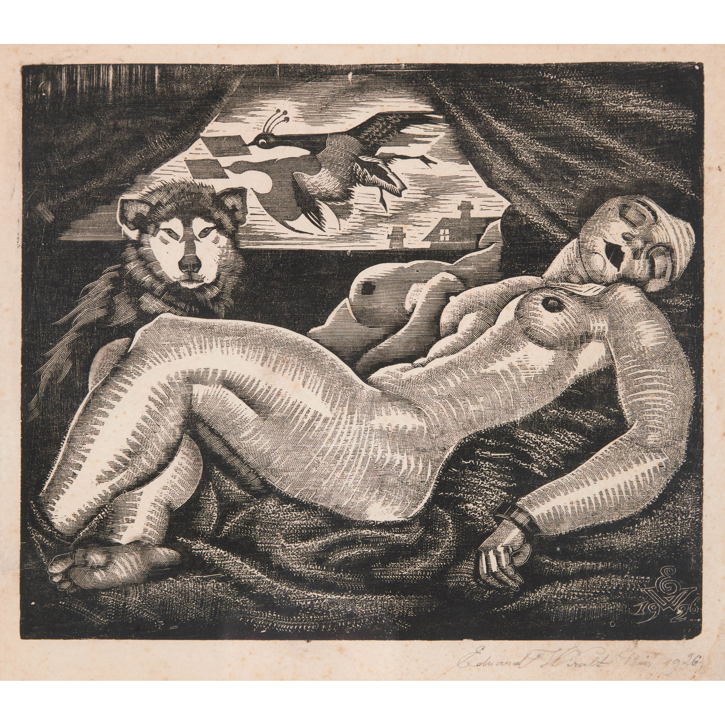 Wiiralt Eduard, LAMAV AKT KOERA JA FÖÖNIKSIGA (NUDE LYING WITH DOG AND PHOENIX)