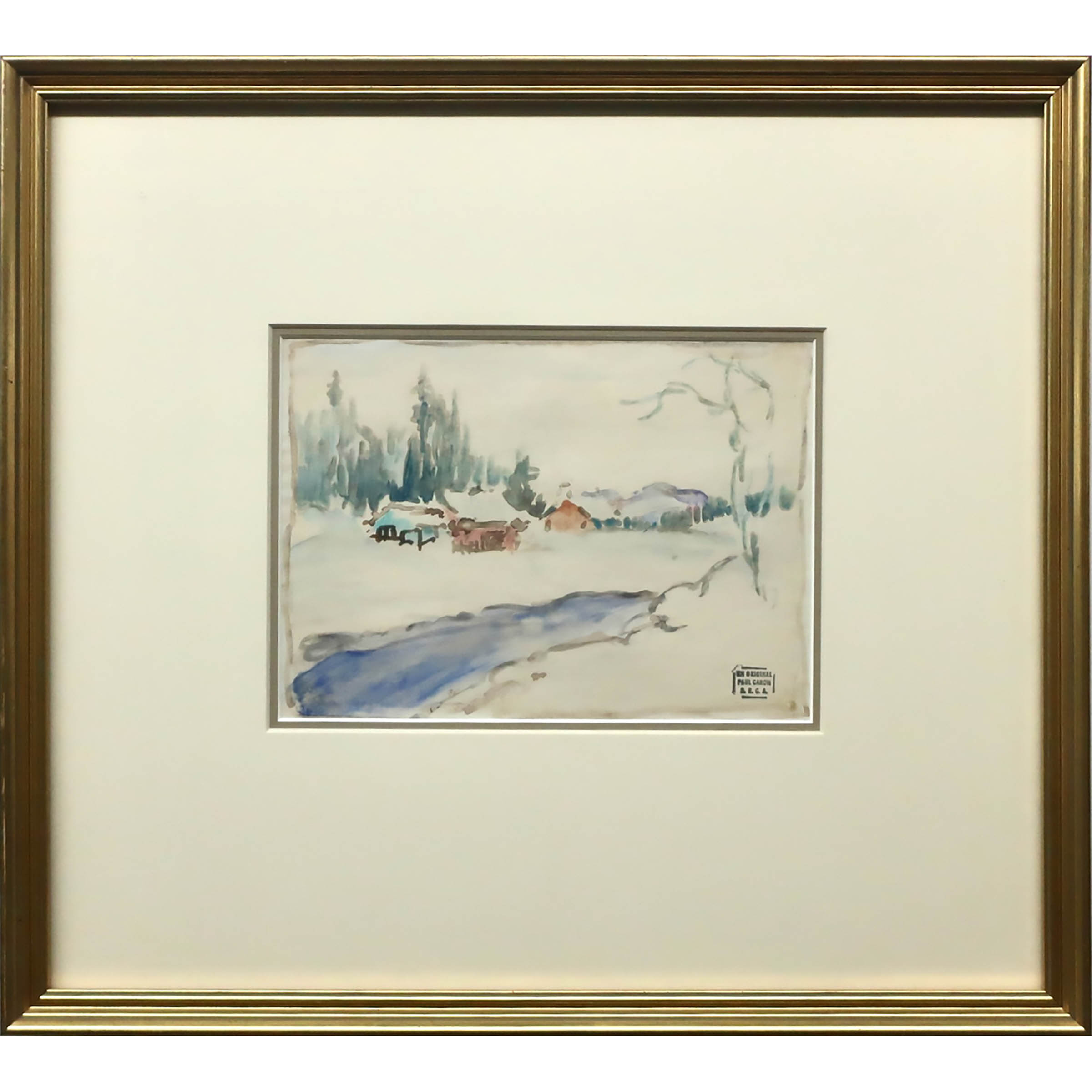 Untitled (Winter Scene with Cabins and Creek)