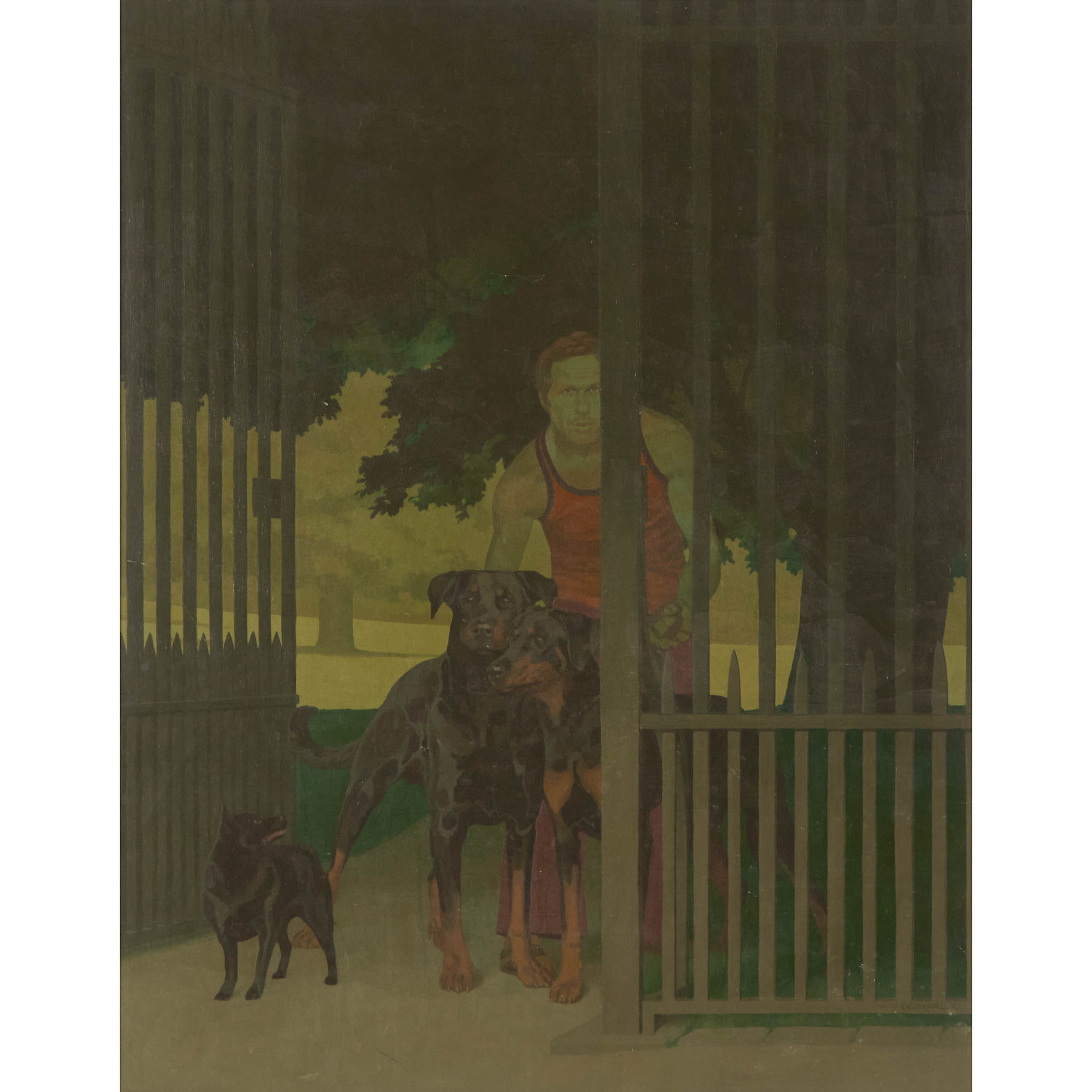 At the Gate, Alan with Three Dogs