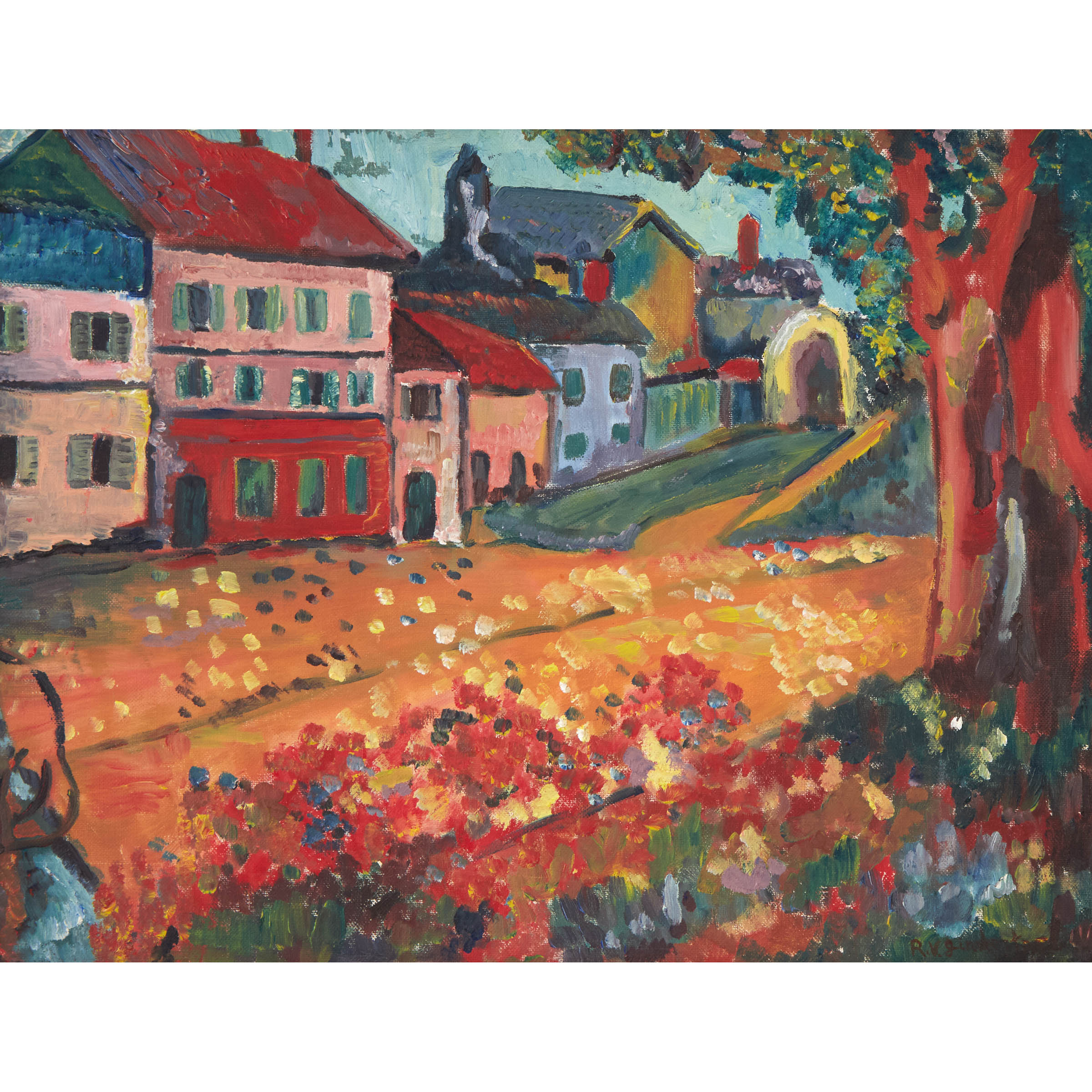 Village Scene and Tree, Ca. 1940