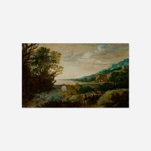A classical river landscape with peasants driving animals