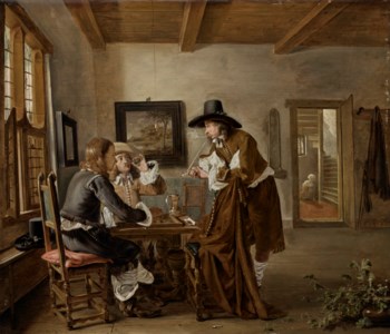 An interior with three men smoking and playing backgammon, a woman descending a staircase beyond