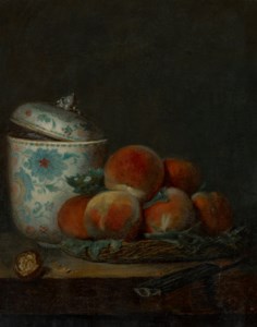 A basket of peaches with a porcelain pot, walnut and knife on a table