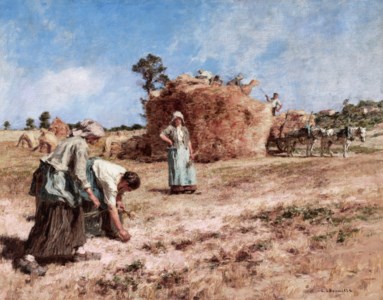 Glaneuses près d'une meule en construction