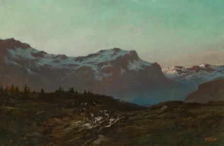 Alpenglow, Late Afternoon, Snow-Capped Mountains with Herdswoman and Cattle