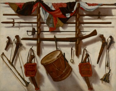 A trompe l'oeil of a gun rack holding a flag, a sword, two pikes and a musket, with a watch, a drum, a trumpet, and guns hanging on a white wall