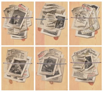 Martin Cerulli, Six trompe l'oeil letter boards with prints, maps, pamphlets and other printed sheets, affixed to wooden boards with cotton ribbons