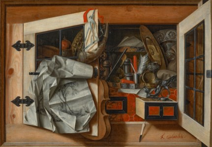 A trompe l'oeil of a wall cabinet with a violin, a hunting horn, writing implements, silver-gilt dishes and drawings, with the glass-paneled doors half opened