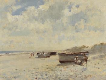 Edward Seago, Beach scene with boats