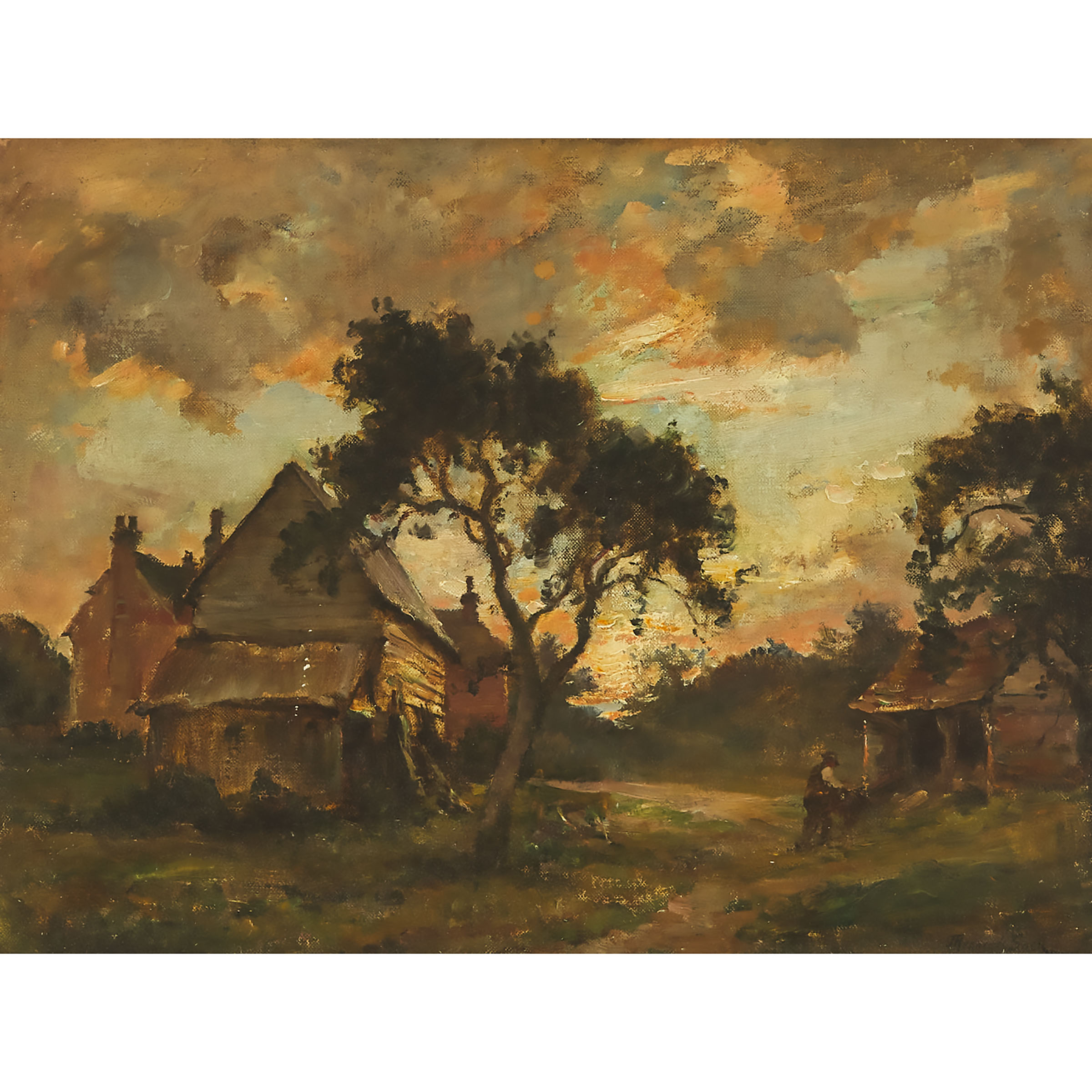 Farmers Working in the Farmyard at Sunset