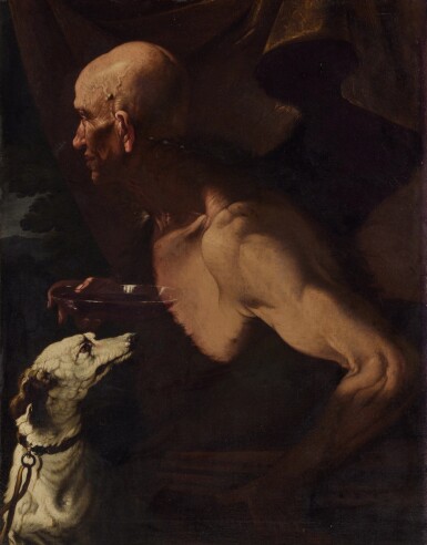 Simone del Tintore, Man with a Glass Dish of Wine, Bagpipes, and a Dog