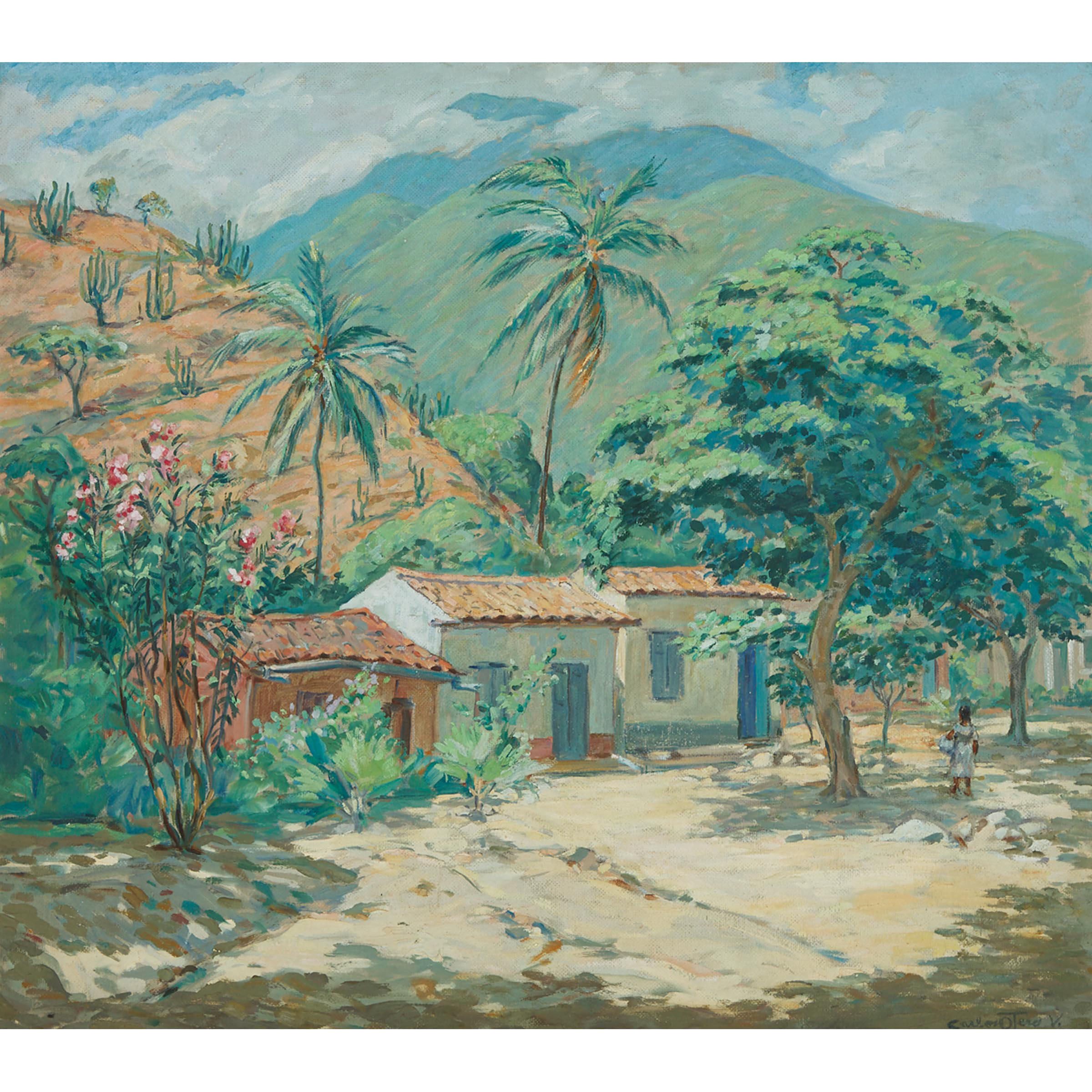 Sunny Village Houses with Young Girl in the Shade