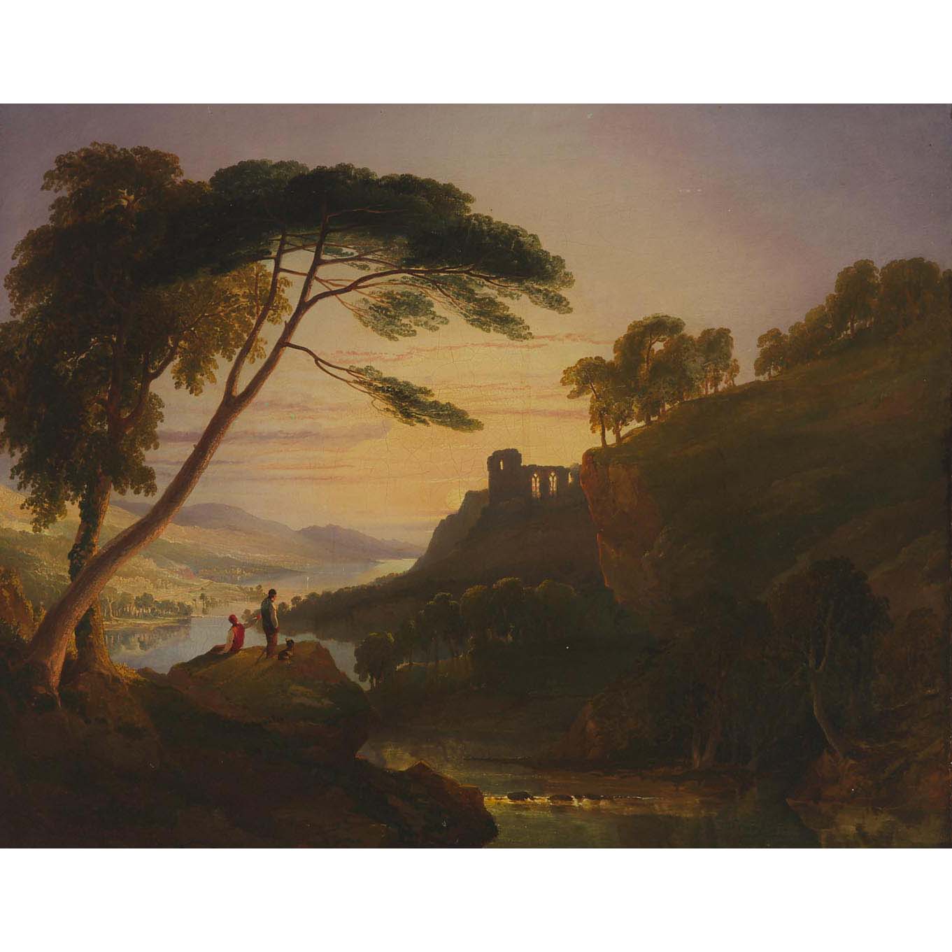 Spectators and Their Dog Overlooking an Expansive Landscape with Castle Ruin at Sunset