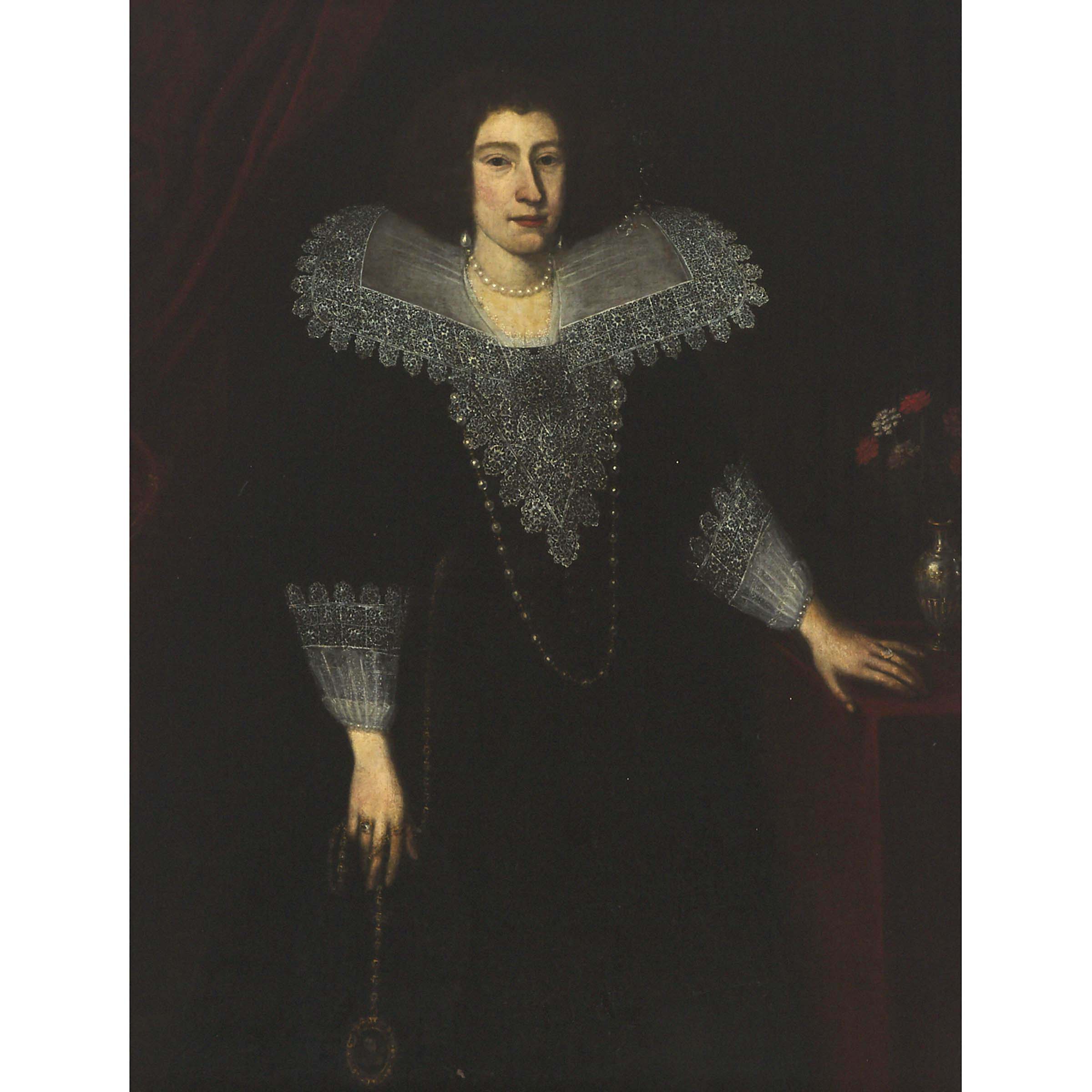 Elegant Aristocratic Lady, Three-Quarter Length, Standing, Wearing a Black Gown with Lace Collar and Holding a Locket and Chain, with a Vase of Flowers at Her Side