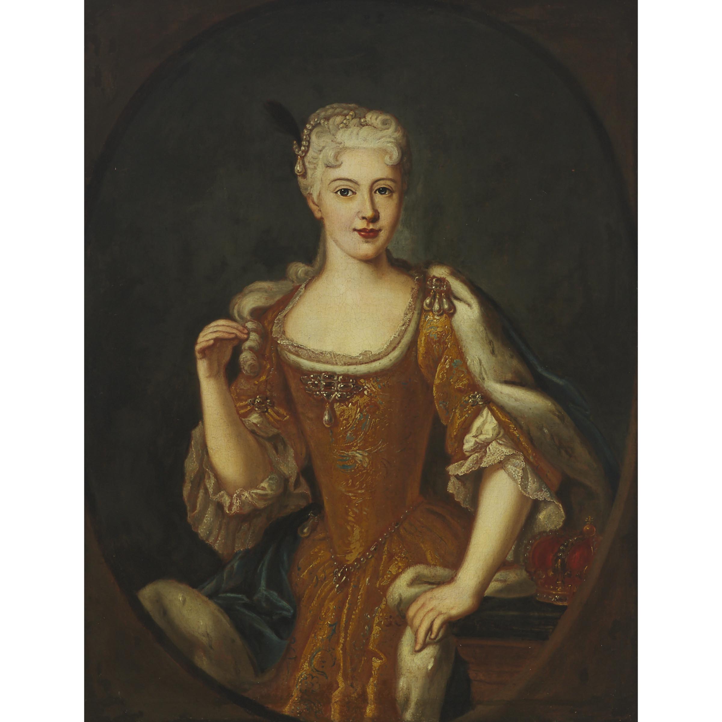 PORTRAIT OF MARIE LESZCZYŃSKA (1703-1768), QUEEN OF FRANCE, HALF-LENGTH, IN A GOLD DRESS AND AN ERMINE-LINED CLOAK BY A LEDGE WITH HER CROWN