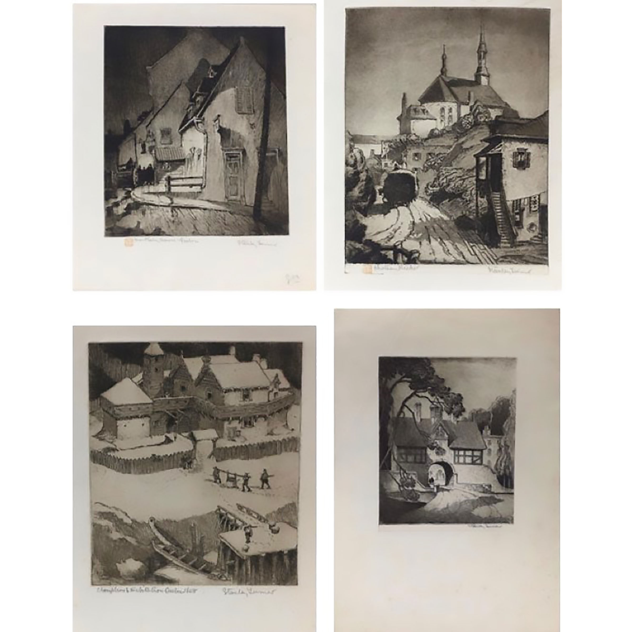 "MONTCALM HOUSE, QUEBEC", "CHATEAU RICHER", "CHAMPLAIN'S HABITATION, QUEBEC 1608", "FIGURES UNDER ARCHWAY"