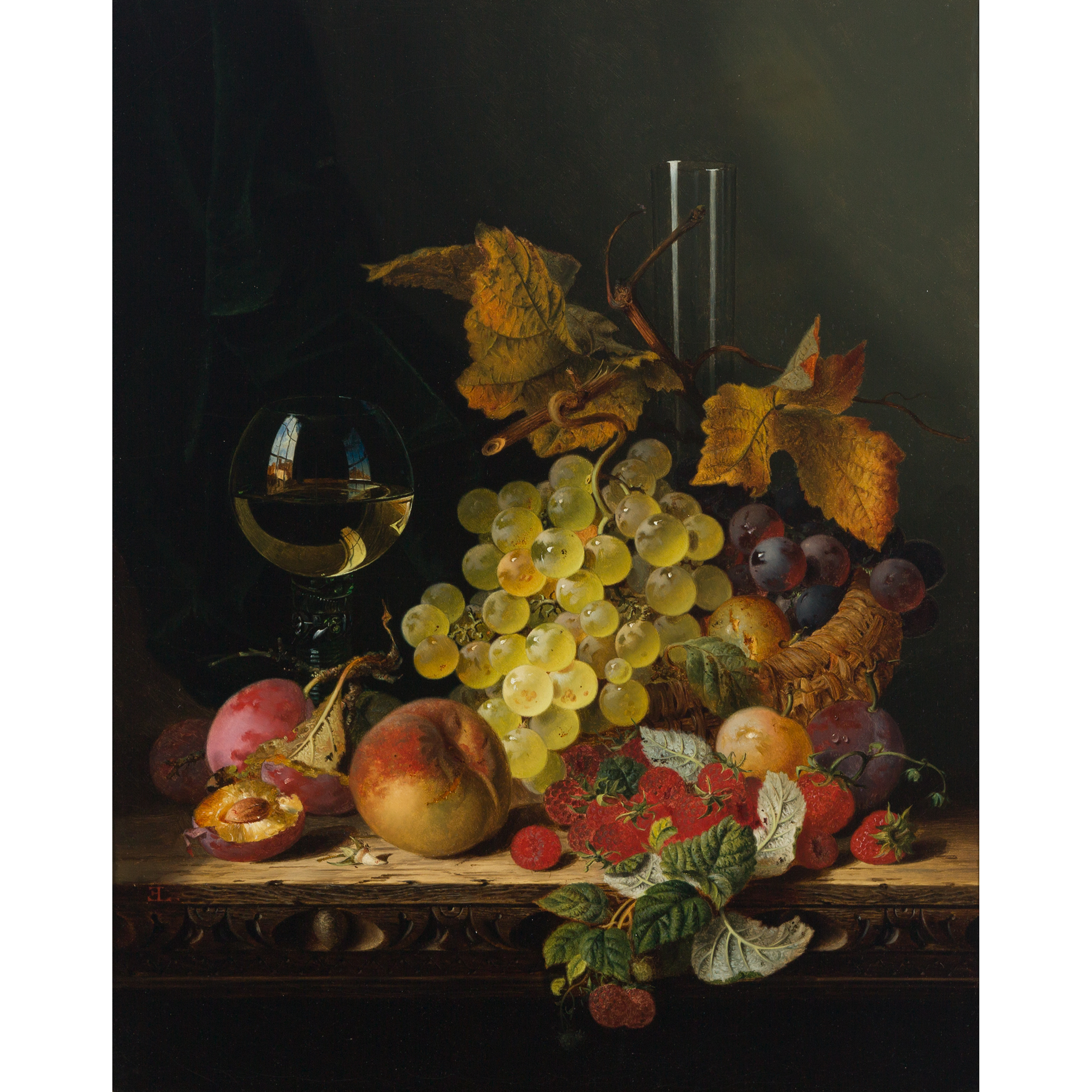 Still Life of Fruit in a Basket by a Goblet on a Ledge