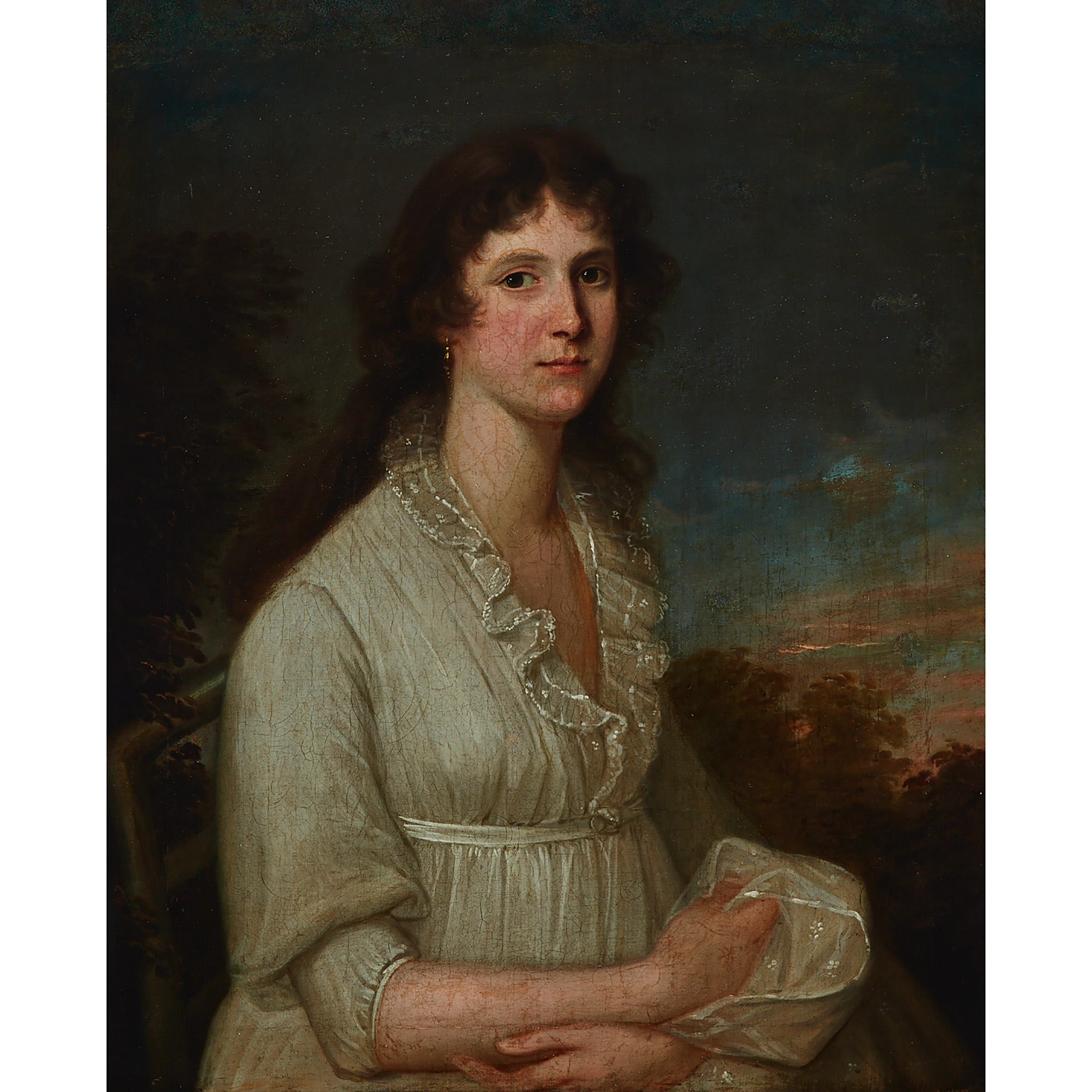 Young Woman in High-Waisted White Dress Seated in Chair in a Landscape, Trees in the Distance