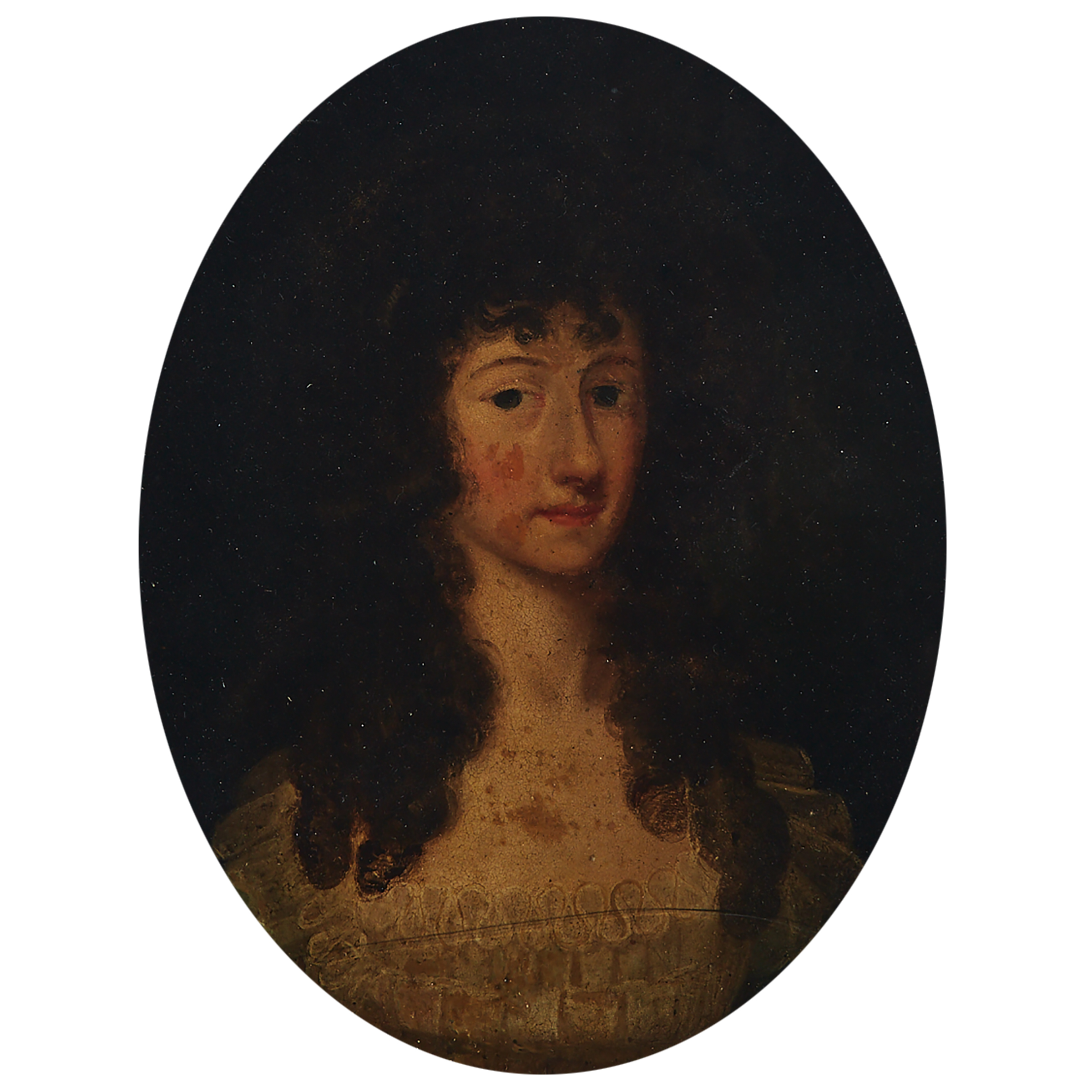 Portrait of a Young Woman with Long Dark Curls in a 17th Century Green Dress with White Ruffled and Pleated Bodice