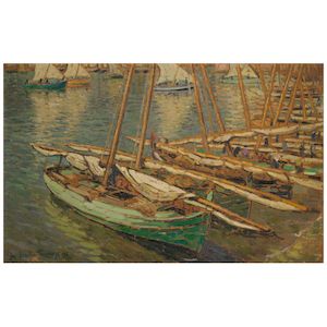 JACQUES MARTIN-FERRIÈRES (1893-1972) Voiliers dans le port de Collioure 22 3/8 x 35 3/16 in (56.9 x 89.4 cm) (Painted in 1926)