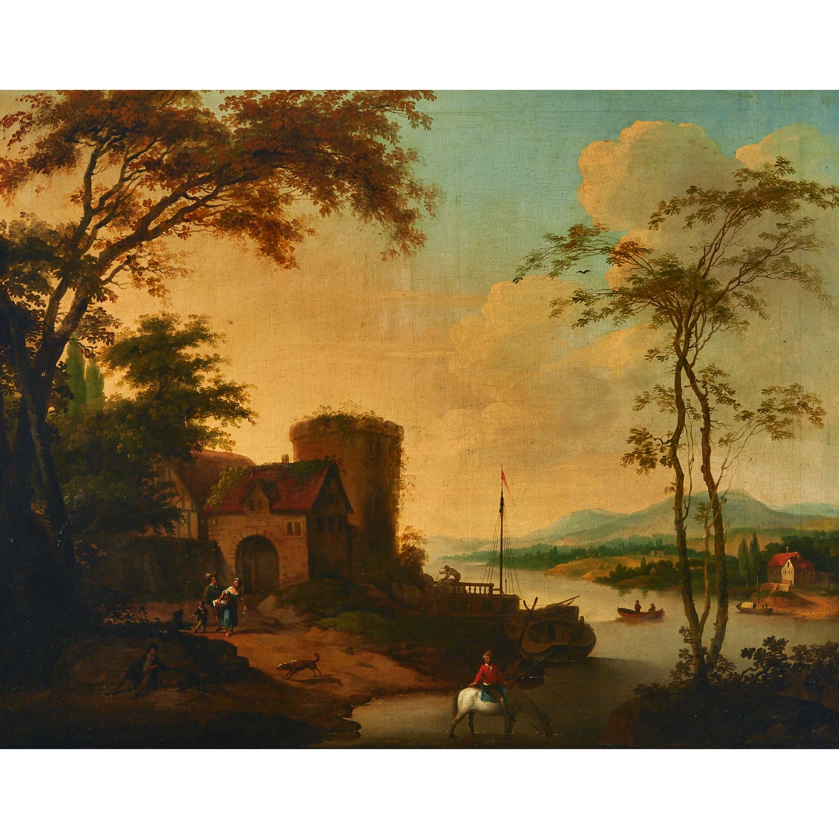 Figures in a Mountainous River Landscape with Houses and Castle Ruin