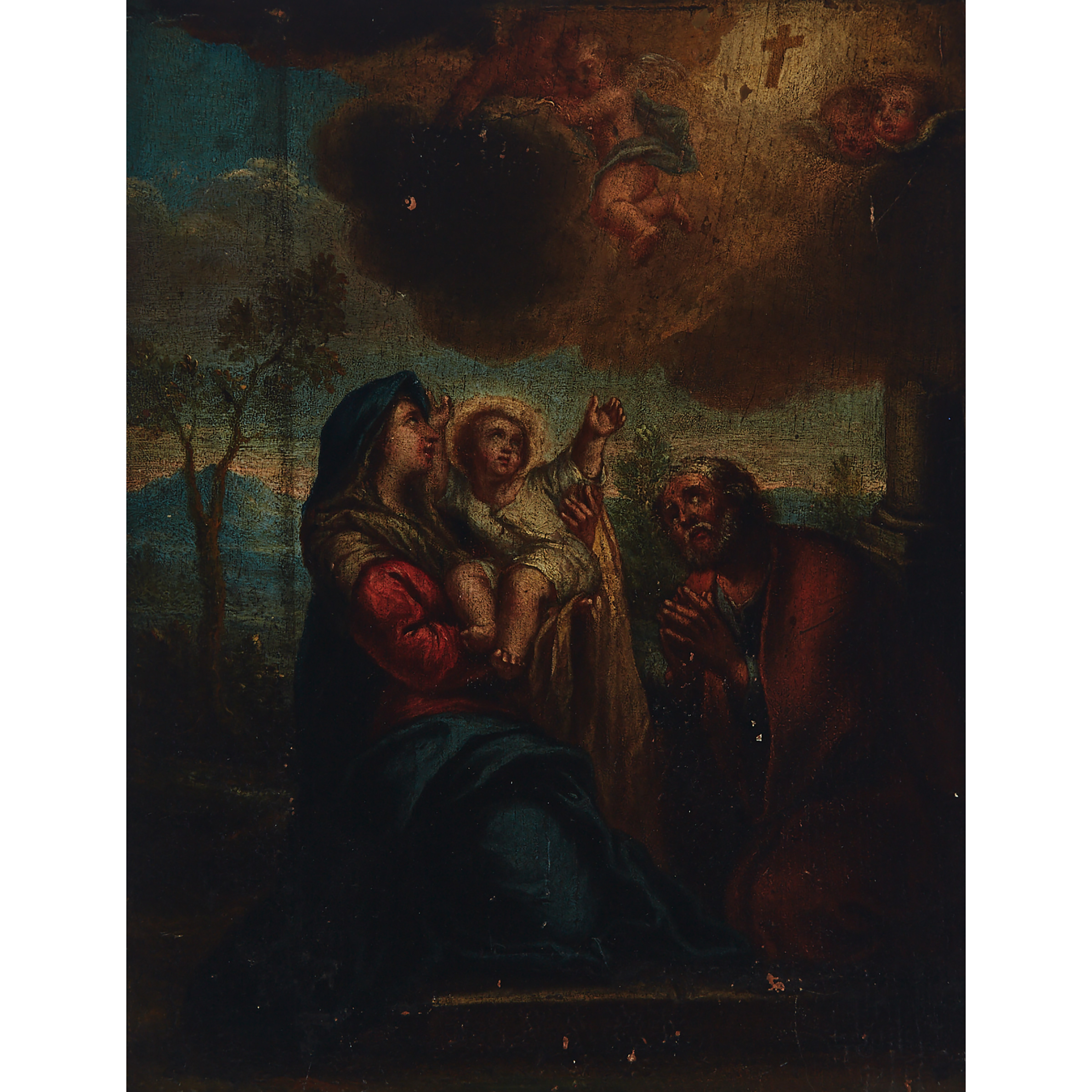 Rest on the Flight to Egypt with Angels and Symbols of the Passion Descending